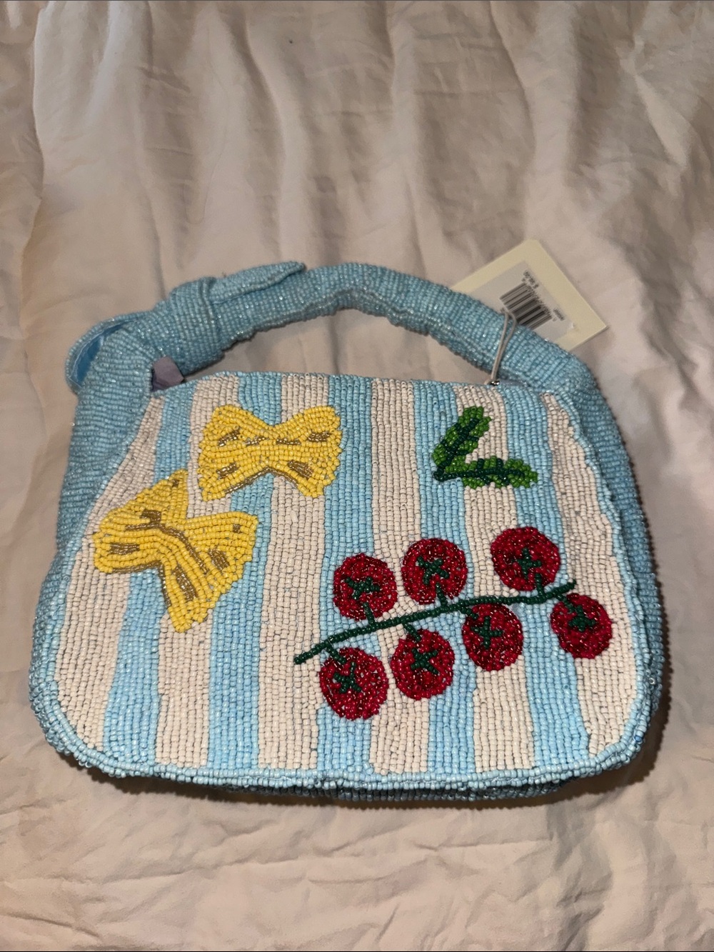 Sol and Mer Beaded Light Blue Striped Top-Handle Bag with Pasta and Tomato Motif - Picture 1 of 9